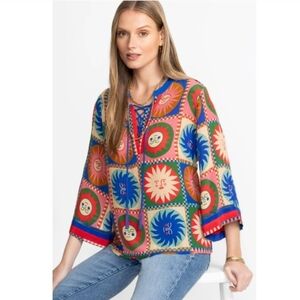 🤎🔹️ JOHNNY WAS 🔹️multicolor Silk Front Tie Villa Blouse